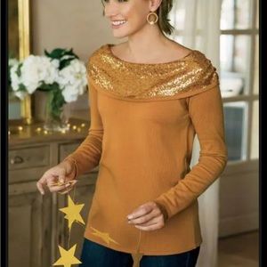 Soft Surroundings Soft Raven Sequin‎ Off The Shoulder Sweater In Golden Brown M